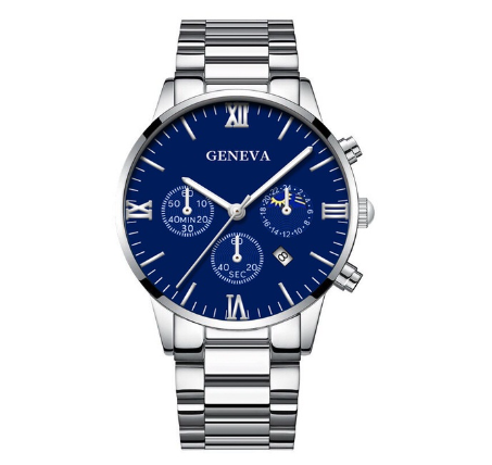 GENEVA High Quality Luxury Silver Mens Full Steel Business Quartz Wacthes Mens Original Waterproof Fashion Wristwatch Men Watch Relo SILVER BLUE