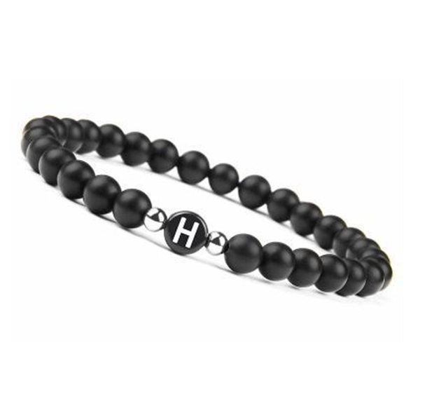 6mm Black Frosted Stone Beaded Bracelet Unisex 26 Initials Letters Name Bracelet With Elastic Rope For Couple Friendship Gifts H