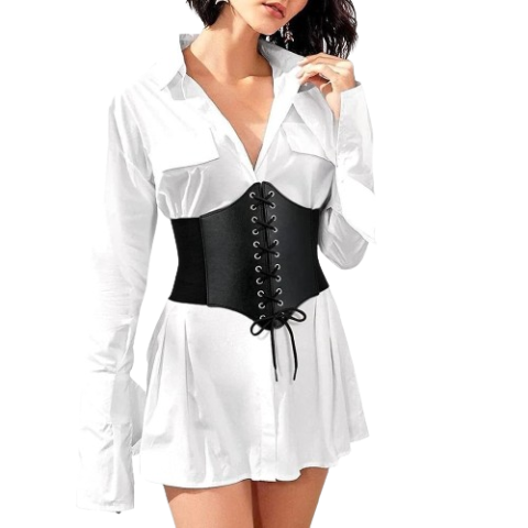 Lovito Casual Plain Drawstring Waist Trimmer Eyelets Lace Up Corsets PU Shapewear L18X348 (Coffee/Black)