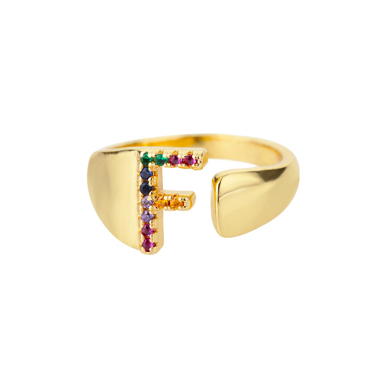 Maxzone Fashion Colorful Chunky Wide Letter A-Z Rings For Women Gold Opening Initial Letter Ring Femme Wedding Party Jewelry F