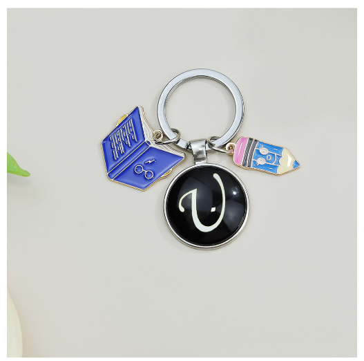 1Pcs Simple Glass 26 Letter Keychains Fashion Book Pencil A-Z Initials Keyrings Student Gifts Souvenir Handbag Pendant Ornament U