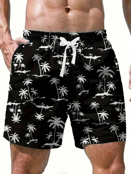 Men's Palm Tree Printed Drawstring Waist Loose Beach Shorts, Vacation