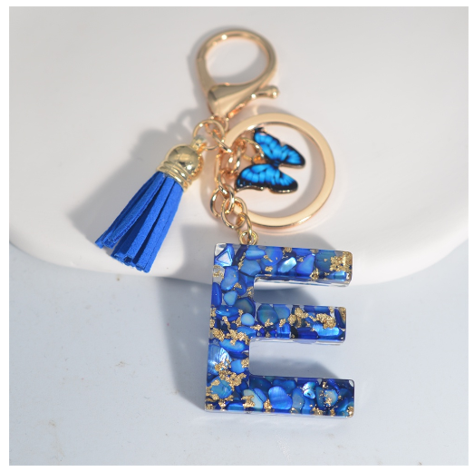 Fashion Butterfly 26 Initials Keychain Exquisite Blue Stone Filled Letter Keyrings Exquisite Alphabet Pendant Bag Ornament Gifts E