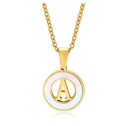 Vnox 18K Gold Stainless Steel Letters Pendant Necklace,Round Hollow 26 Alphabet Necklace for Women A