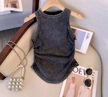 Lovito Women Casual Plain Pleated Tank Top LNE33215 Dark Grey