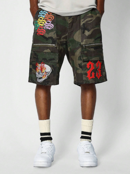 SUMWON Denim Short With All Over Print And Embroidery Patchwork