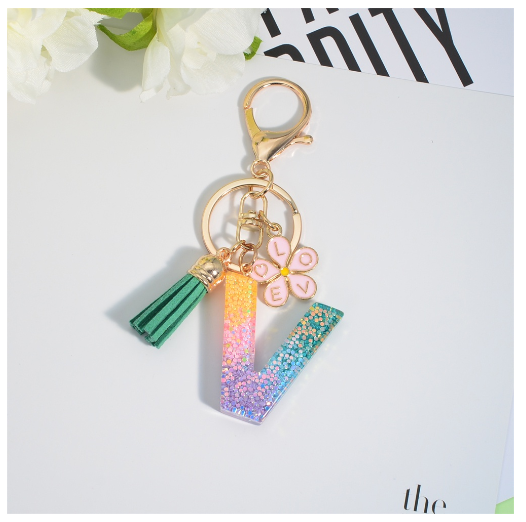 Fashion 26 Letter Resin Keychain A-Z Round Sequins Filled Alphabet Flower Pendant Keyring with Tassel Bag Ornament Accessories V