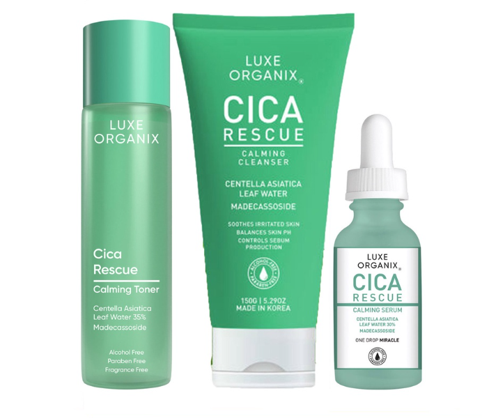 Luxe Organix Cica Rescue Calming Cleanser 150g, Calming Toner 150ml, & Calming Serum 30ml Bundle