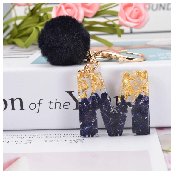 Lanfy Black Pompom Letter Keychain 26 Letter Initials Alphabet A To Z 26 Alphabet Keyring Cute A To Z 26 Black Pompom Resin Birthday Gifts M