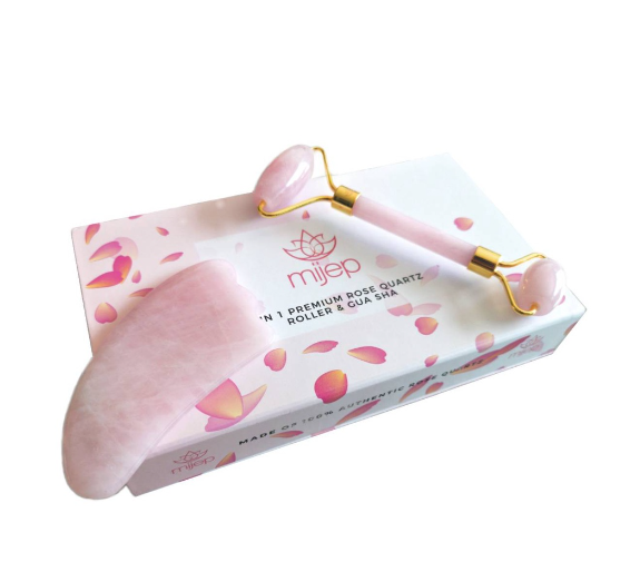 Mijep Rose Quartz Roller and Gua Sha - Premium Natural Stone Facial Tool Traditional Crystal Facial