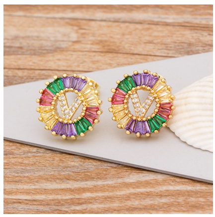 Colorful Choice 26 Initial Letters Earrings Cute Alphabet Copper CZ A-Z Rainbow Stud Earrings Name Jewelry V