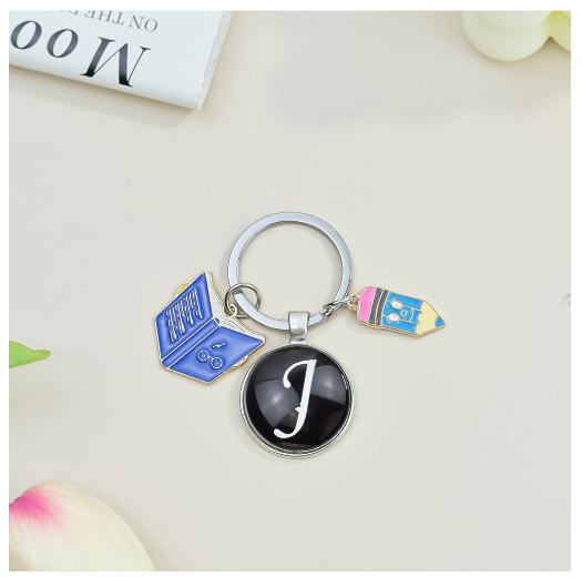 1Pcs Simple Glass 26 Letter Keychains Fashion Book Pencil A-Z Initials Keyrings Student Gifts Souvenir Handbag Pendant Ornament J