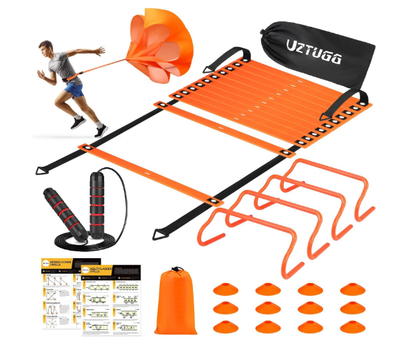 Soccer Training Equipment, Football Speed Agility Training Equipment, Agility Training Kit for Kids Youth Adults, 20ft Agility Ladder, 12 Soccer Cones, 4 Hurdles, Jump Rope, Running Parachute, Bag