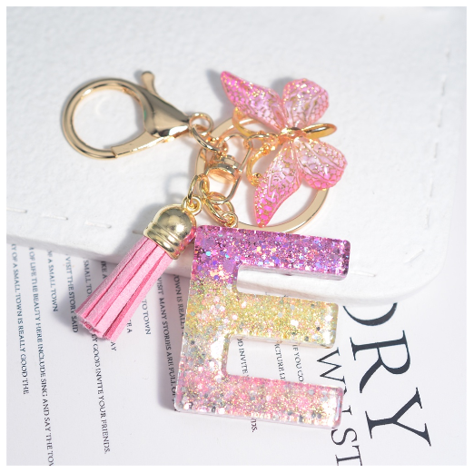 Glitter Sequin Filled 26 Letter Keychain With Tassel Exquisite Butterfly A-Z Alphabet Keyrings Women Bag Pendant Ornaments Gifts E