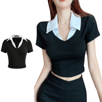 Lovito Women Casual Plain Contrast Collar T-Shirt L67AD023 (Black)