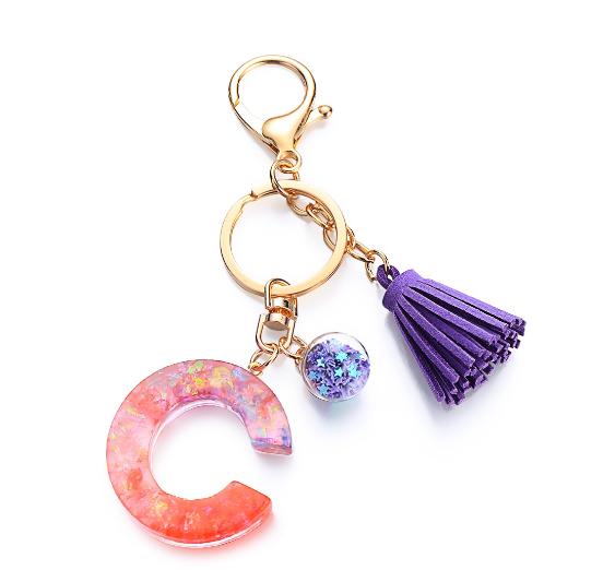 Cute Creative 26 Letter Alphabet Crystal Glitter Resin Keychain Women Tassels Keyring Car Key Holder Bag Charms Accessories C