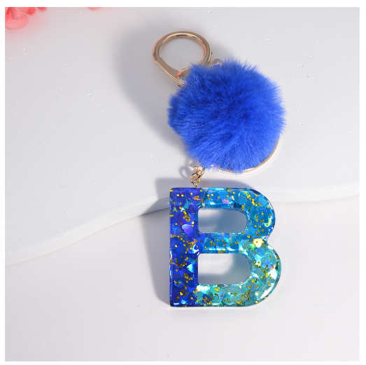 Exquisite Blue Pompom A-Z 26 Letter Keychain Glitter Heart Sequin Filled Initials Keyrings Bag Accessories Charm Car Keyholder B