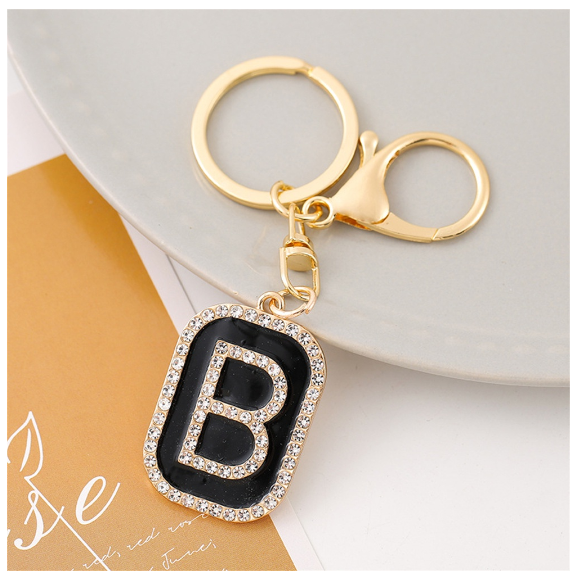 Exquisite Rhinestone 26 Letter Keychain Simple Black Enamel Initials Keyrings For Women Bag Pendant Ornament Car Keyholder Gifts B