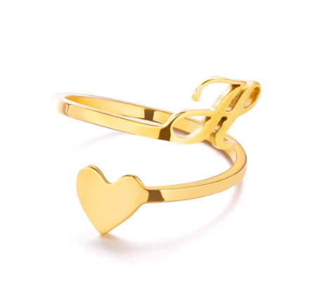 Gold Stainless Steel A-Z Rings Initial Letters Heart Rings Women Fashion Non Fading Jewelry Adjustable H