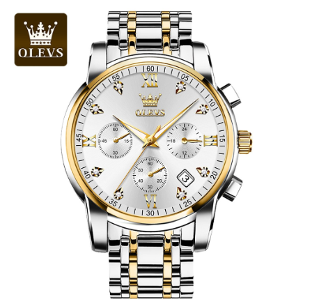 Olevs Watch For Men Quartz Waterproof Multifunction Chronograph Gentleman Stainless Steel Business Watch WHITE DIAL TWO TONE CASE