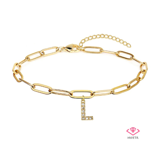 Hwetr Fashion 26 A-Z Initial Bracelet For Women Classic Zircon Letter Pendant Paper Clip Chain Bracelet Jewelry Accessories Gift L