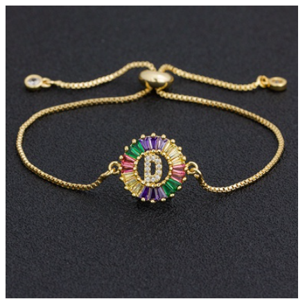 New Fashion A-Z Initial Colorful Cubic Zircon Letter Bracelets Adjustable Chain Rainbow Jewelry D