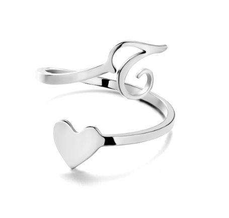Silver Stainless Steel A-Z Rings Initial Letters Heart Rings Women Fashion Non Fading Jewelry Adjustable T
