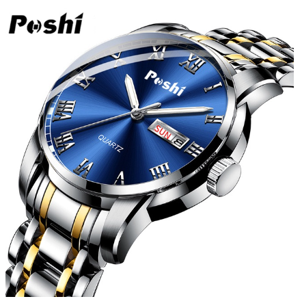 POSHI Men Watch Waterproof Steel Belt Dive Sports Quartz Original For Gold Dual Calendar Luminous 03