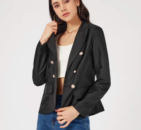 Classy Plain Notched Collar Double Button Blazers (Black)