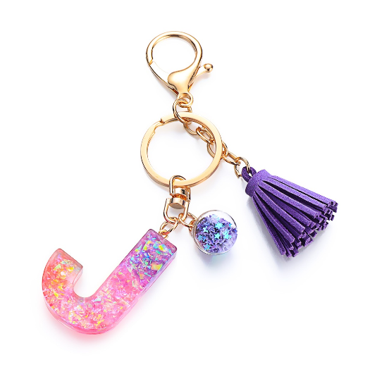 Cute Creative 26 Letter Alphabet Crystal Glitter Resin Keychain Women Tassels Keyring Car Key Holder Bag Charms Accessories J