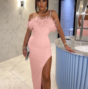 Women Sexy Fleece Patchwork Split Long Party Dress