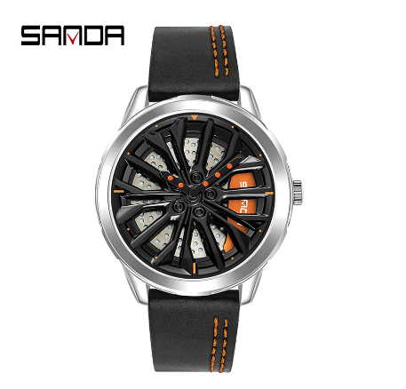 Sanda Fashion Pioneer Car Lover Cool Spinning Hub Racing Style Quartz Watch Style Luxury Watch SILVER LEATHER STRAP