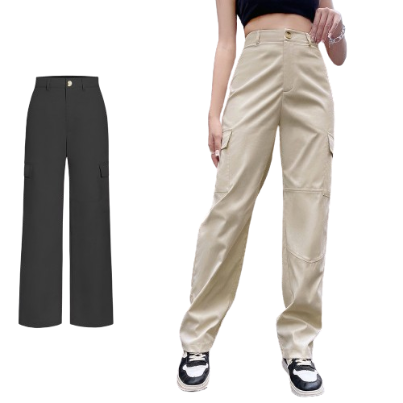 Lovito Women Retro School Baggy Pocket Structure Line Pants L68ED214 (Apricot/Black)