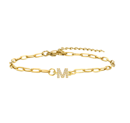 Vnox 18K Gold Zircon Initial Bracelet,Letter Charm Link Stainless Steel Flat Cross Bracelet M