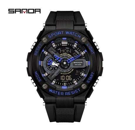 Sanda Popular Dual Display Quartz Electronic Fashion Luxury Anti Drop Sports Military Watch BLACK BLUE