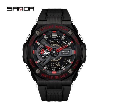 Sanda Popular Dual Display Quartz Electronic Fashion Luxury Anti Drop Sports Military Watch BLACK RED