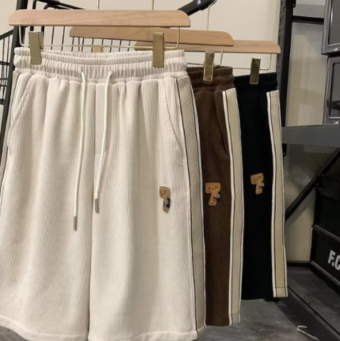 Korean Style Waffle Stripe Texture Shorts For Men Summer Trend All Match Brown Apricot Contrast Casual Loose Couple Drawstring Wide-leg Sports Short Pants For Men