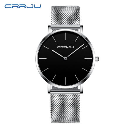 CRRJU Mens Watch Top Brand Ultra Thin Quartz Casual Stainless Steel Waterproof 2185X SILVER BLACK