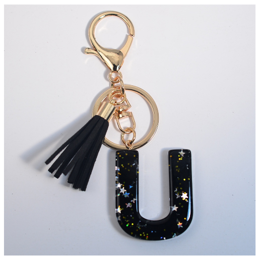 Black A-Z 26 Letter Key Chain Fashion Star Sequin Filled Initials Keyrings For Women Bag Ornaments Charm Car Key Holder Gifts U