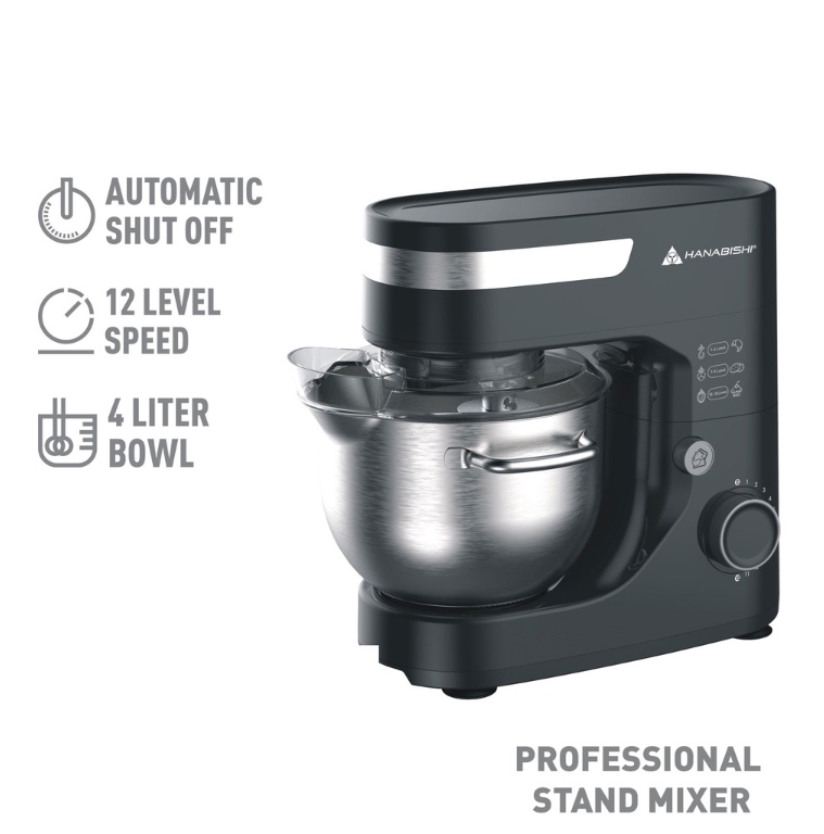 Hanabishi Stand Mixer HPM900 | Best for Baking 12-speed | Beater, Dough Hooks, Whisk | 4 liter bowl