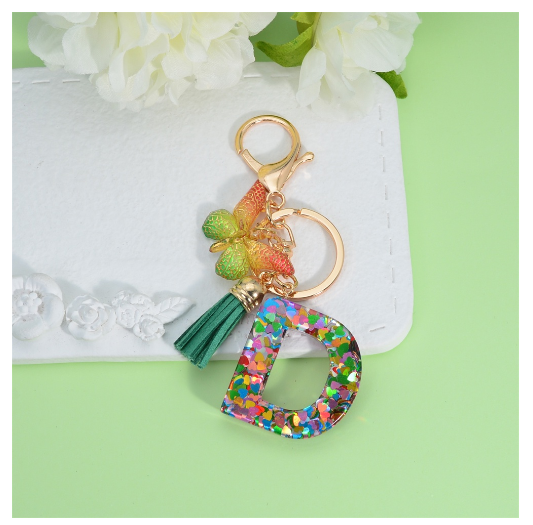 Fashion Butterfly Pendant 26 Letter Keychain Heart Sequins Filled A-Z Initial Key Chains With Tassel Bag Charms Accessories Gift D
