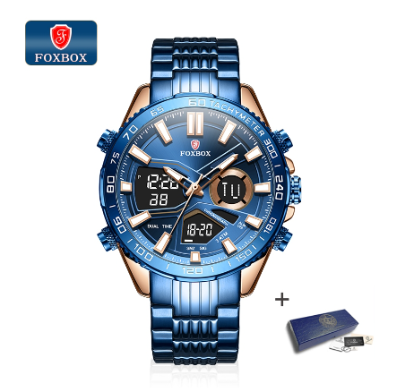 FOXBOX Fashion Sport Digital Watches For Men Waterproof Luminous Stainless Black Blue Gold Dual Display Watch BLUE
