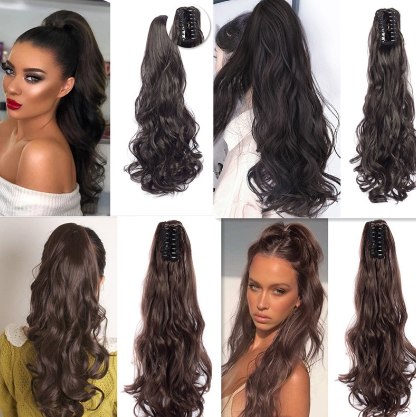 Long Roll Straight Claw Clip-On Ponytail Synthetic Wig Soft Drawstring (55cm)