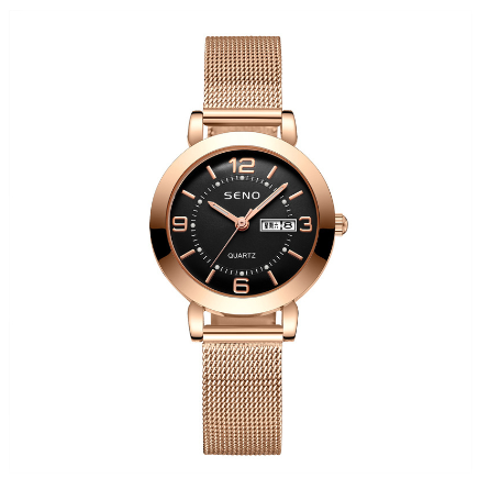 Seno Quartz Watches for Women Wristwatch Waterproof Calendar Stainless Steel Elegant Ladies Watch Female BLACK STEEL