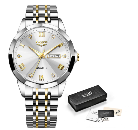 LIGE Steel Watch For Men Classics Design Full Calendar Chronograph Relo Couple Waterproof Business Wristwatch GOLD WHITE