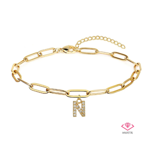Hwetr Fashion 26 A-Z Initial Bracelet For Women Classic Zircon Letter Pendant Paper Clip Chain Bracelet Jewelry Accessories Gift N