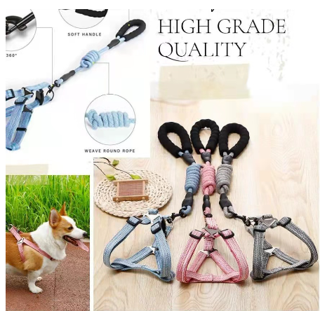 Dog Harness Leash Pet Collars Set Adjustable Buckle Leash Traction Rope Small And Large Dog 120cm