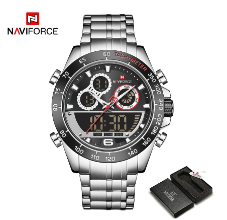 Naviforce NF9188 Men Luxury Gold For Digital Sport Chronograph Quartz Military Steel Band Waterproof Wristwatch SILVER