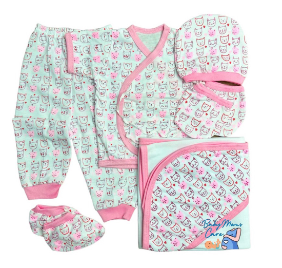 8Pcs Newborn Set Blanket Mittens Booties Bonnet Shortsleeve Pajama Essential Printed Cotton S2