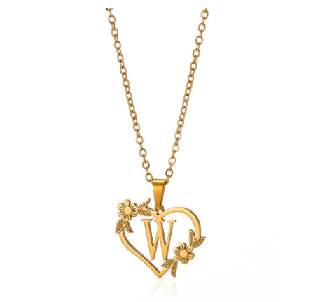 New Personalized Creative Gold Plated Stainless Steel Love Flower Hollow Heart A-Z Letter Necklace Initial Name Pendant Women's W